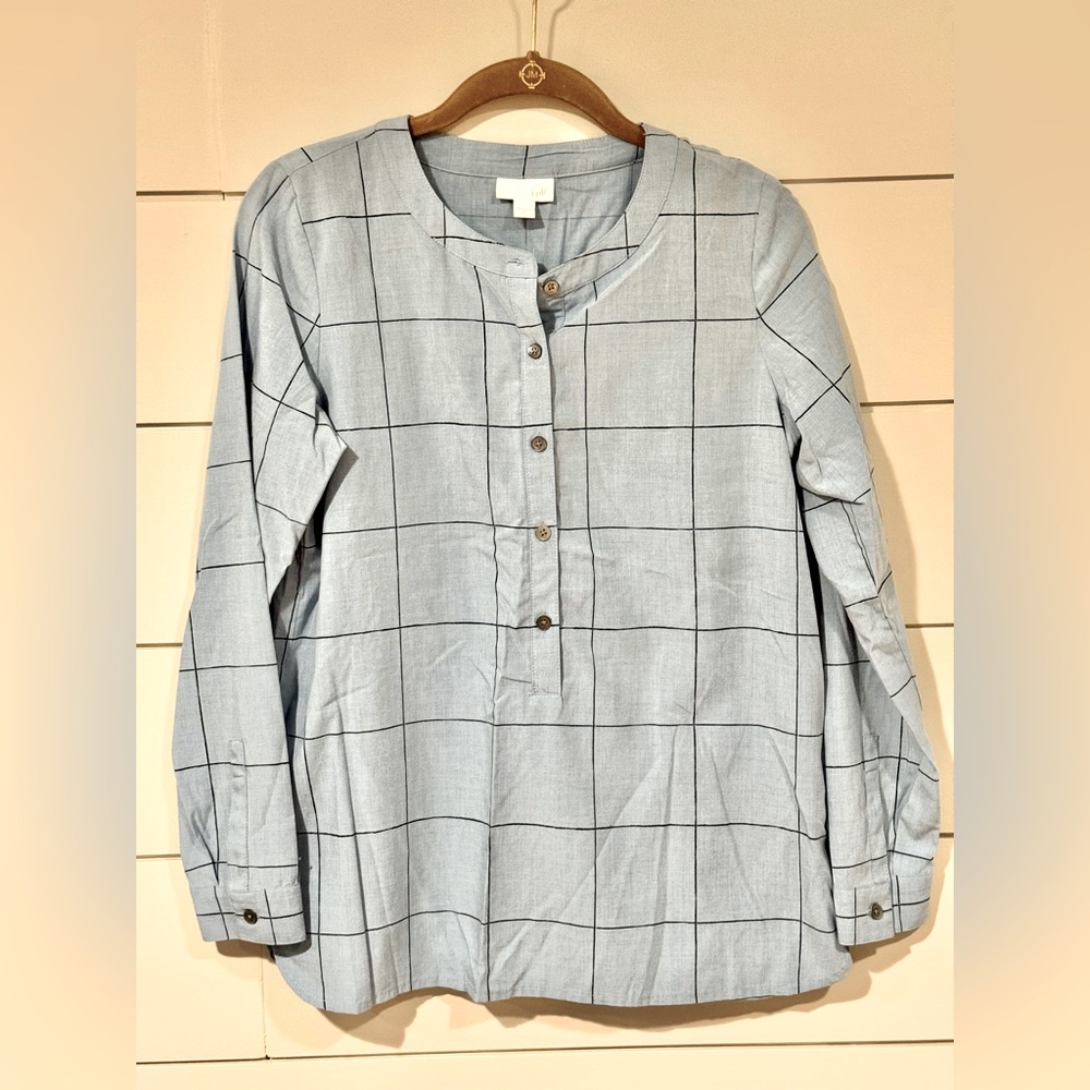 J.Jill Window Pane Long Sleeve Pullover Blouse Light Blue Size XS